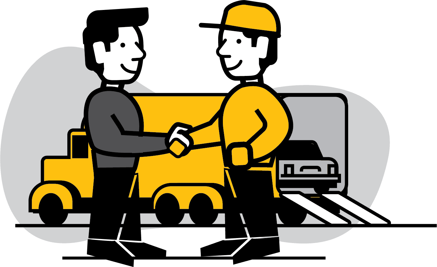 Car carrier shaking hands with customer, while car is being loaded into an enclosed trailer